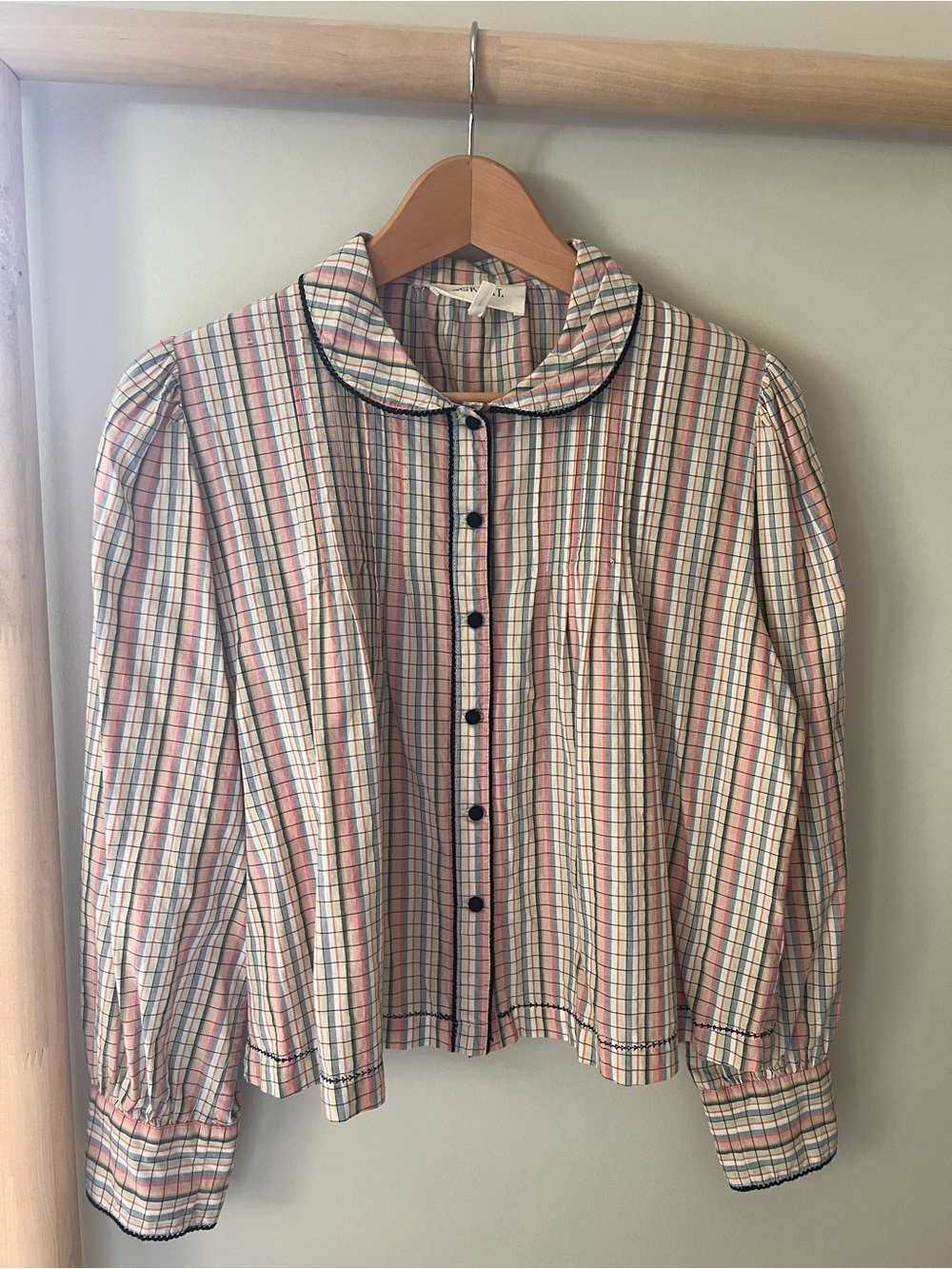 The GREAT. button down blouse top round collar plaid pleated sz 1 small
